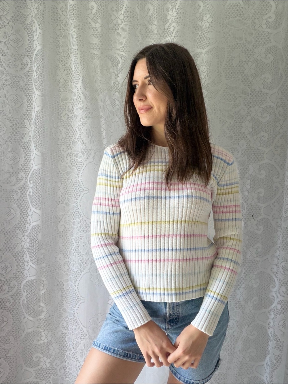 Vintage Striped Sweater Liz Claiborne 90s Pastel Cotton Ribbed Petite Knit Top